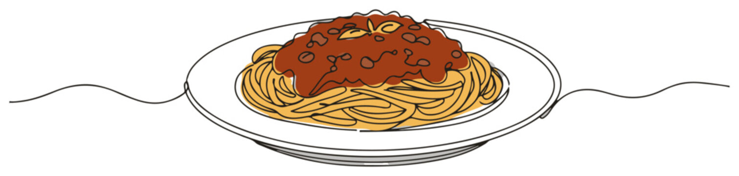 Spaghetti bolognese pasta dish continuous one line drawing traditional Italian food vector art