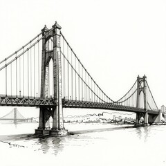 Naklejka premium Detailed Black and White Line Art Sketch of a Large Suspension Bridge over Water with City Skyline in Background, Architectural Illustration for Design or Print Use.
