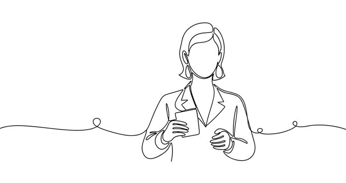 Caucasian female adult presenter in business attire holding cards. Non editable stroke