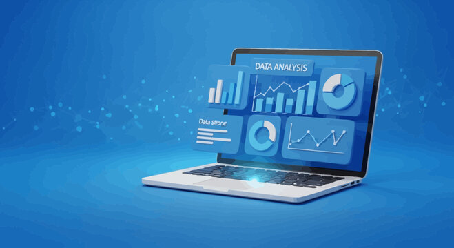 Laptop displaying data analysis charts and graphs on a futuristic blue topographic background