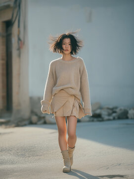 A person walks forward on a street wearing a loose knitted sweater and a skirt with wind blowing their hair