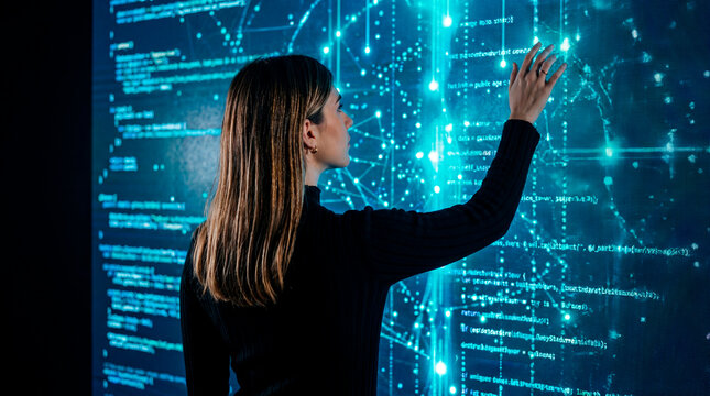 Software engineer woman analyzing code and network connections on digital data wall