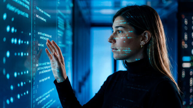 Software developer woman reviewing code on digital interface in data center