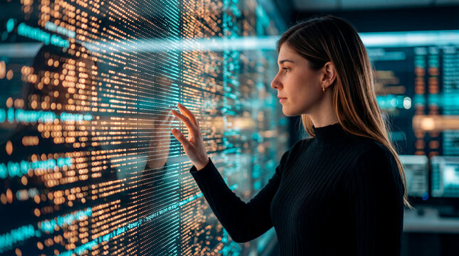 Data analyst woman interacting with digital information wall in technology control room