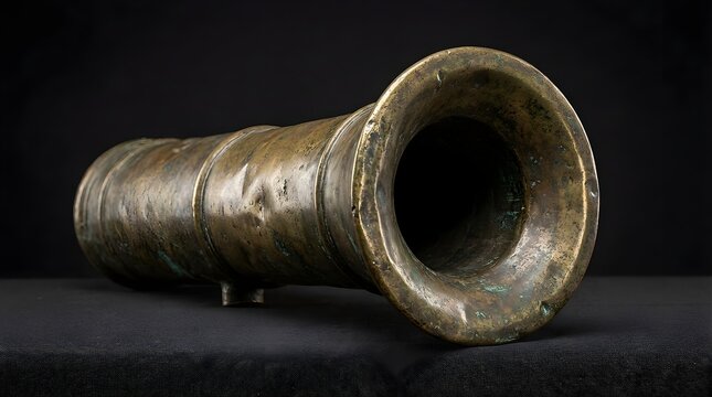 Tarnished brass blunderbuss barrel with flared muzzle and intricate detail against a dark background.