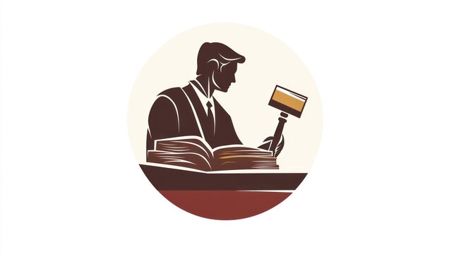Silhouette of a man in suit holding a gavel over an open book in a circular frame