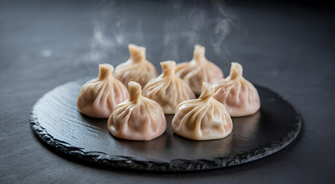 Steaming hot khinkali dumplings served on a black stone plate against a dark textured background