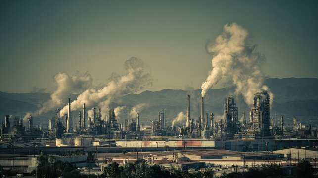Industrial complex with rows of chimneys and storage tanks belching thick smoke into the sky, creating heavy smog and visible emissions that degrade air quality and climate