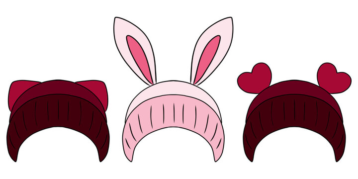 Knit Beanie Winter Hat Illustration, Cat Ears, Heart Ears, and Bunny Ears.