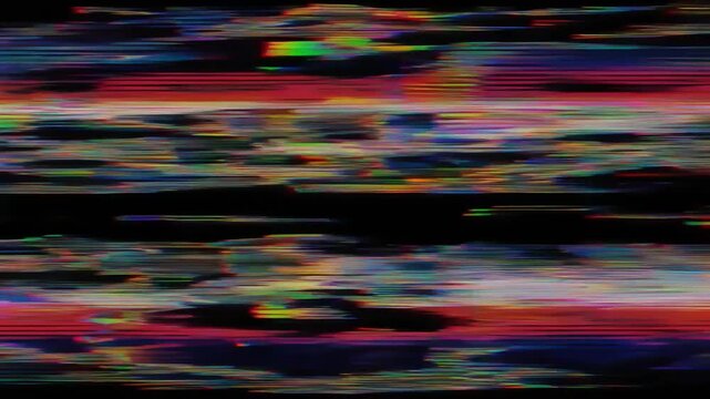 Abstract digital glitch effect with colorful distorted pixels and horizontal lines on a black background.
