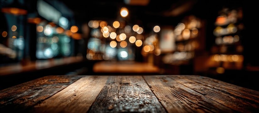 Rustic wooden table in foreground, blurred warm lights of a cozy bar interior