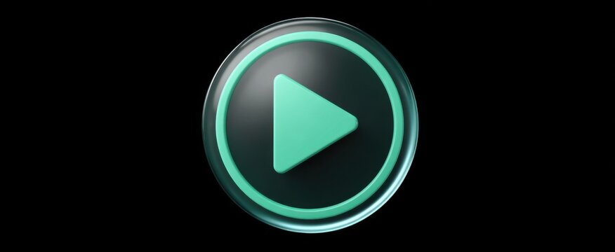 3D holographic play icon in sleek glass design with vibrant green teal gradient for media control