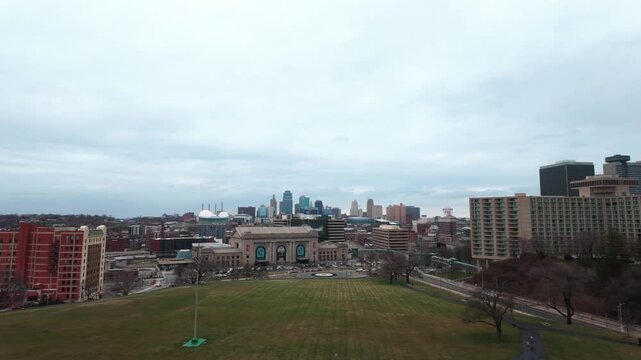 A panning shot overlooking Kansas City, the downtown area, and Union Station.