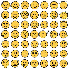 Fototapeta premium Collection of various yellow emoticon faces on white background 