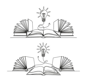 Minimal continuous one-line illustration of open and stacked books in a flowing horizontal layout, symbolizing reading, knowledge, education, and lifelong learning. Vector Editable stroke