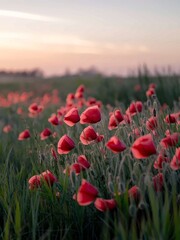 Fototapeta premium Flower Field Poppy Nature Spring Tulip Red Summer Flowers Meadow Garden Plant Blossom Tulips Bloom Beauty Grass Petal Poppies Beautiful