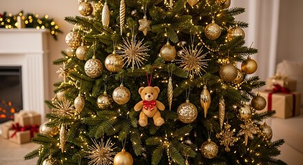 Naklejka premium Festive Christmas Tree Decorated with Ornaments and Lights in a Cozy Home.
