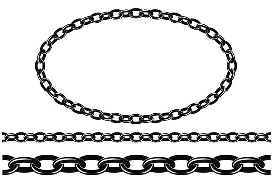 Vector illustration of decorative black and white grunge style chain elements including oval frame and repeating horizontal seamless borders with illustration seamless repeating decorative