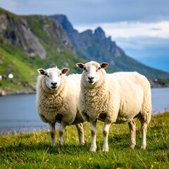Fototapeta premium Two sheep standing on grassy hill with mountains and ocean backdrop