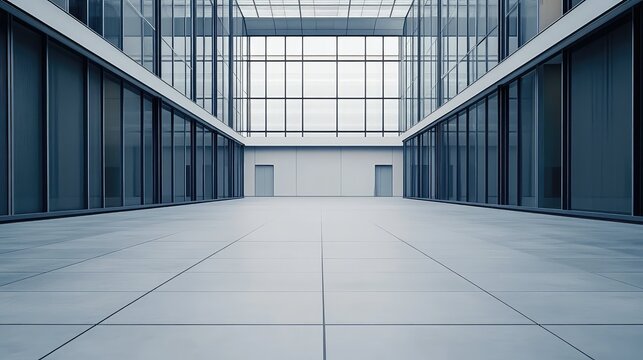 Modern corporate building atrium with large glass windows and minimalist architectural design, creating a spacious and bright commercial environment perfect for business, future, and growth concepts
