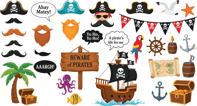 Pirate adventure vector element set featuring sailing ship, treasure chest, skull hats, mustaches, octopus, parrot, anchor, wooden sign, and sea map for birthday party photo booth props.