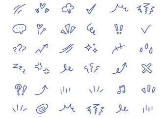 Obraz premium Line element movement hand drawn set. Hand drawn sketch line element icon brush pencil stroke movement chalk. Cute comic cartoon emoji bubble heart star sparkle expression manga. Vector illustration
