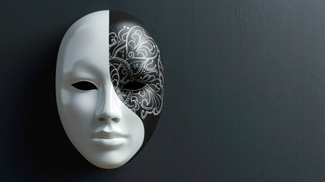 Elegant white Venetian mask featuring black ornamental mandalas isolated on dark background copyspace