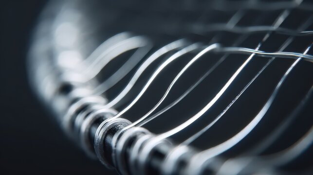 The camera focuses on a wire mesh, capturing the details of the metal's structure and design in sharp light. The mesh curves and outlines create interesting patterns.