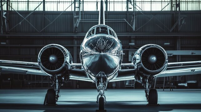 Private jet airplane with a shiny chrome fuselage and turbine engines parked inside a large hangar, symbolizing luxury travel, executive transport, and aviation industry