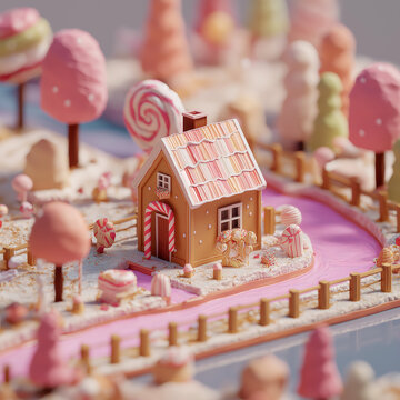 A small gingerbread house sits in a whimsical candy land with lollipop trees and a pink river flowing through it