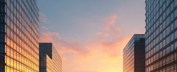 Modern glass skyscrapers glow under a serene sunset sky filled with warm orange hues.