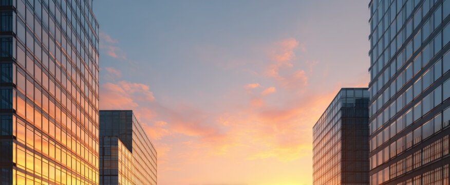 Modern glass skyscrapers glow under a serene sunset sky filled with warm orange hues.
