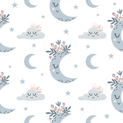 Fototapeta premium Kids Seamless Pattern with Cute Moon, Stars and Clouds. Celestial Background, Night Sky Design. Cartoon Vector Illustration.