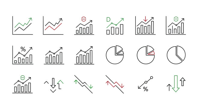 Collection of financial and business graph icons: line charts, bar graphs, pie charts, and trend indicators