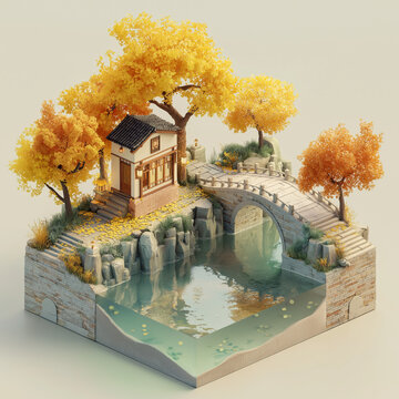 A miniature serene landscape scene features a stone bridge arching over calm water, with a traditional house nestled among vibrant autumn trees and scattered fallen leaves
