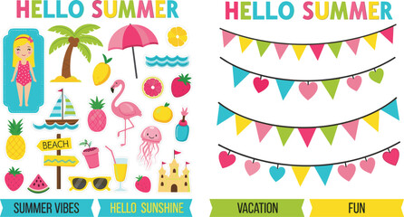 Summer vacation vector element set featuring a beach girl, flamingo, palm tree, sandcastle, tropical fruits, sunglasses, and colorful bunting flags for sunny seasonal holiday designs. © Aminul