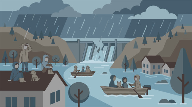 Flood disaster with broken dam, heavy rain, and people seeking refuge
