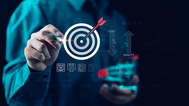 Marketing strategist analyzes target performance with precision targeting, conversion optimization, campaign analytics, cost efficiency, quality improvement, digital advertising, audience segmentation