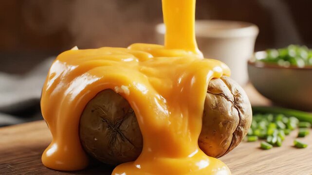 Close-up of melted cheese being poured over a baked potato on a wooden cutting board with chives and a bowl in the background, warm lighting.