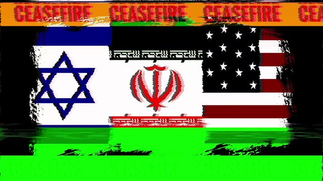 Ceasefire announced between USA israel and Iran as deadline Looms. Flags of USA israel and Iran waving in glitch effect with Ceasefire Text glowing on screen, with distorted effect.