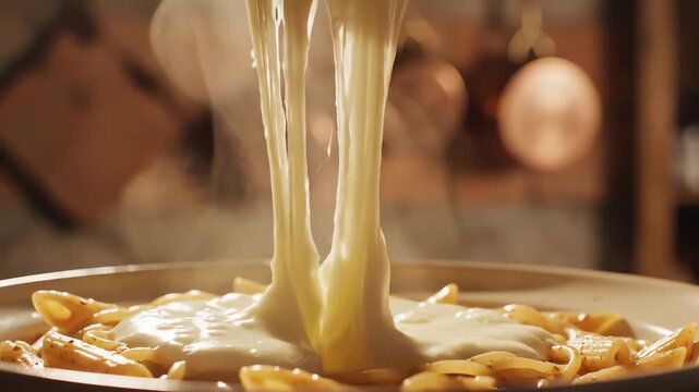 Close-up shot of melted cheese being poured over macaroni on a plate in a warmly lit restaurant setting with a blurred background.