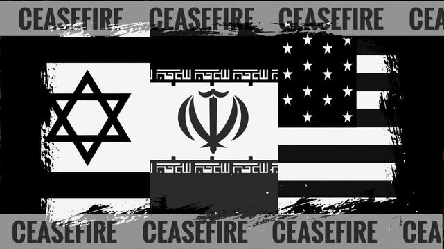 Ceasefire announced between USA israel and Iran as deadline Looms. Flags of USA israel and Iran waving in glitch effect with Ceasefire Text glowing on screen, with distorted effect.