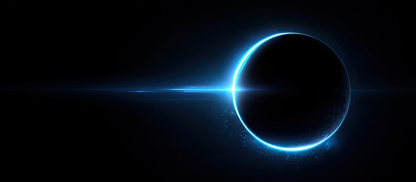 Dark celestial body with bright blue light halo and lens flare in deep space