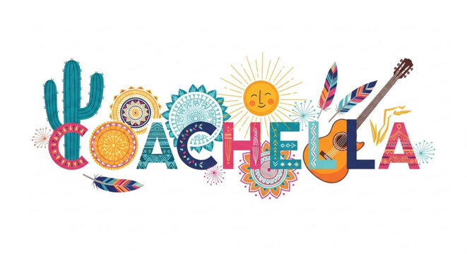 Coachella word art with desert elements featuring a guitar cactus sun and feathers perfect for festival promotion and bohemian style graphics