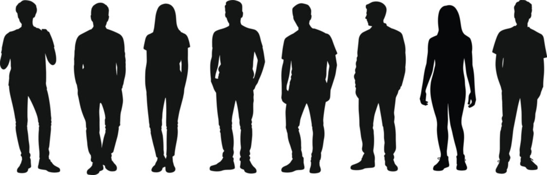 People silhouettes vector illustration, diverse men and women standing poses, human figures collection, black shadow characters, crowd design isolated