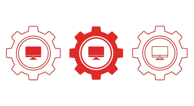 Three gear icons with computer monitor symbols representing technology, settings, and digital solutions in a modern