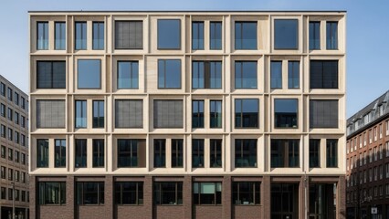 Obraz premium A modern office building with a unique grid-like facade design
