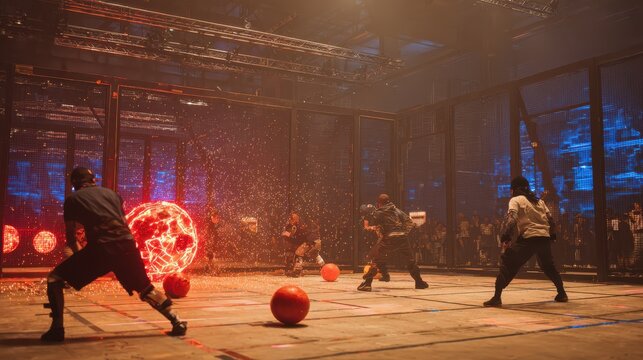 Players compete in a dodgeball game inside a large indoor arena. Bright lights and a glowing ball create a lively atmosphere as the action unfolds. Cheerful crowd watches.