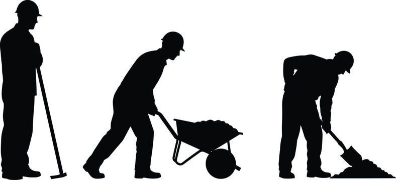 Construction worker silhouettes digging and transporting soil with tools labor industrial building site black shadow vector illustration set