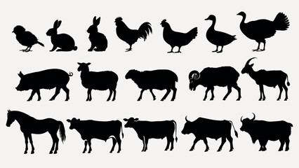 Silhouettes of various farm animals vector set